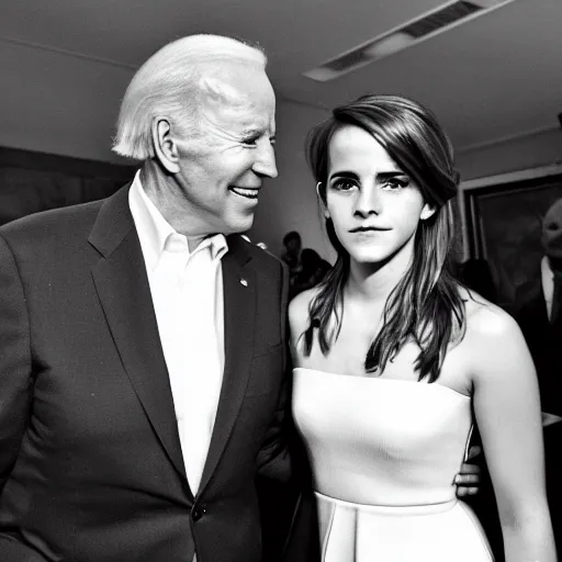 Image similar to emma watson face to face with president joe biden, nikon 3 5 mm, photograph