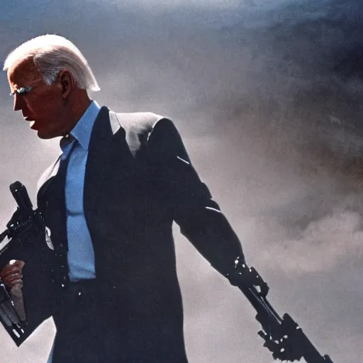 Image similar to joe biden in the terminator executing donald trump, cinematic, establishing shot, extremly high detail, photorealistic, cinematic lighting, style by James Gurney