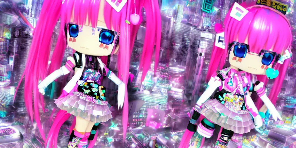 Image similar to 3 d anime render of a decora gyaru kawaii cybergoth emo fashion model vtuber, in a cyberpunk blade runner maximalist city of my melody sanrio plushies, artstation cgsociety