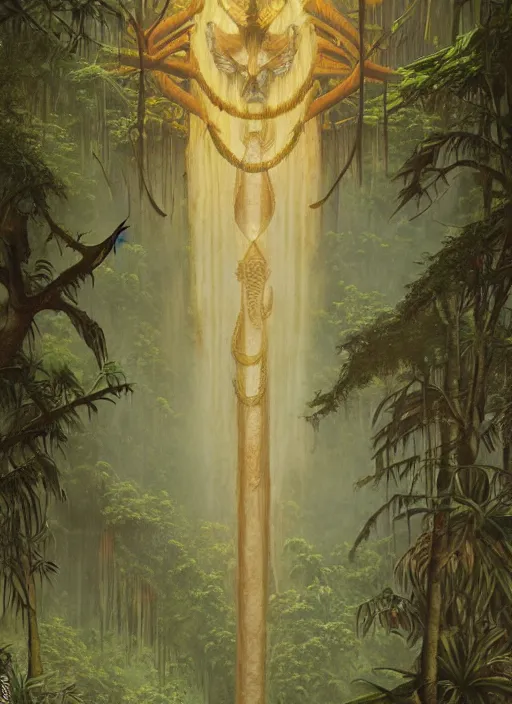 Image similar to a totem in the jungle surrounded by mist, representing amazonian shamanic traditions, tribal masks, symetrical totem, hyper detailed, art by christophe vacher