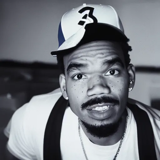 Prompt: a tv still of Chance The Rapper starring as a college student in a 1989 black sitcom, 40mm lens