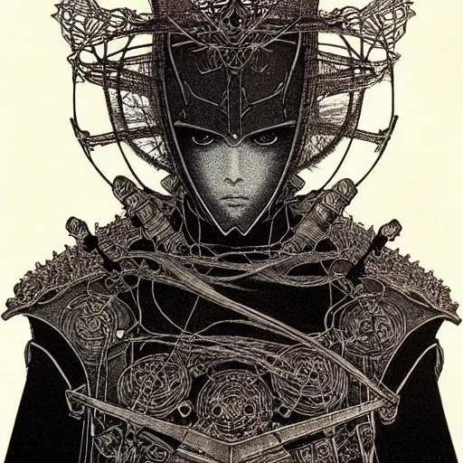 Image similar to prompt: Fragile looking vessel portrait soft light drawn by Takato Yamamoto, inspired by Fables, black ancient chrome knight armor, magical and alchemical weapons, soft light, white background, intricate detail, intricate oil painting detail, sharp high detail, manga and anime 2000