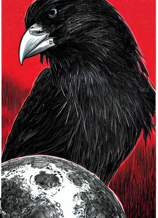 Image similar to portrait, A crow in front of the full big moon, book cover, red white and black colors, establishing shot, extremly high detail, foto realistic, cinematic lighting, pen and ink, intricate line drawings, by Yoshitaka Amano, Ruan Jia, Kentaro Miura, Artgerm, post processed, concept art, artstation, matte painting, style by eddie mendoza, raphael lacoste, alex ross