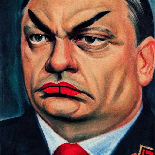 Image similar to highly detailed propaganda poster portrait of the leader of fascist hungary, viktor orban with cat whiskers face painting, looking into the distance 1 9 5 0, by edward hopper