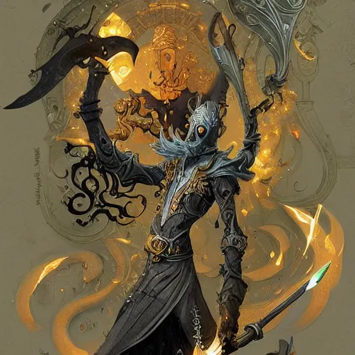 Image similar to bright elf+ Grey smoke, symetrical + scythe + magic ornament + golden ratio + elements + pattal + baroque + marc simonetti, paul pope, peter mohrbacher, detailed, intricate ink illustration