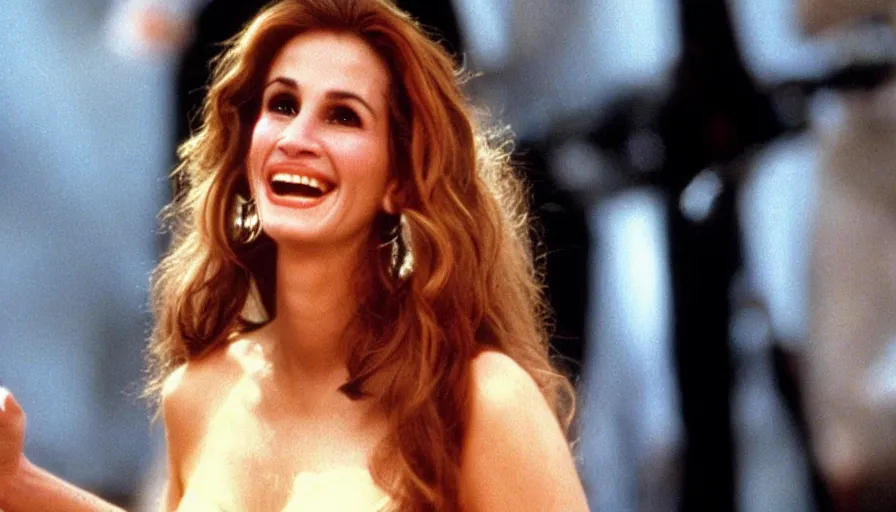 Image similar to Julia Roberts as Selena! singing!! on a stage, 1995 movie, cinematic, beautiful, elegant