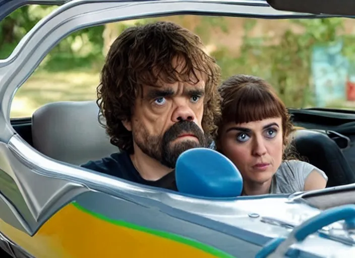 Image similar to peter dinklage and alexandra daddario driving a little tikes cozy coupe, movie still, from the new fast and furious tokyo drift movie, 8 k, realistic