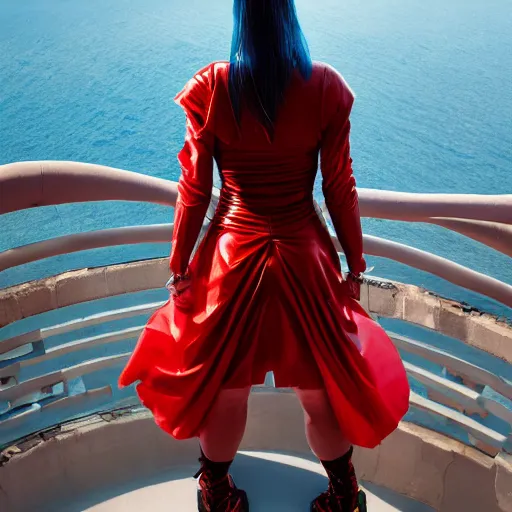 Image similar to cyberpunk girl wearing a red swirling dress, standing on an Imerovigli terrace looking down into the ocean, trending on artstation, cinematic lighting