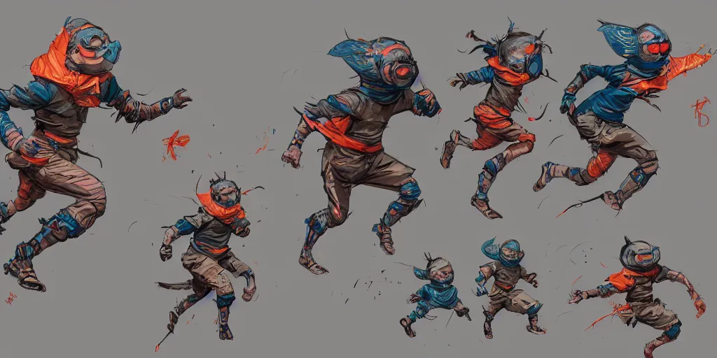 Image similar to cartoonish little masked child running, vivid colors, character sheet, fine details, concept design, contrast, kim jung gi, greg rutkowski, trending on artstation, 8 k, full body, turnaround, front view, back view, ultra wide angle