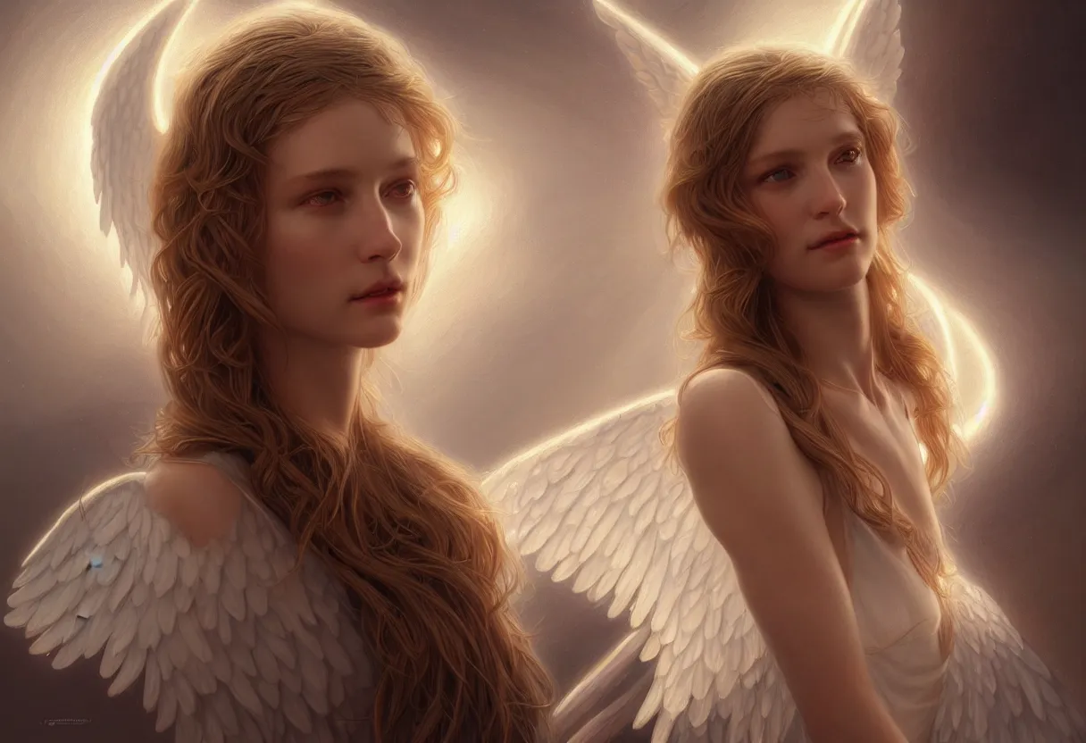 Image similar to detailed portrait of an angel spread wings, diffuse lighting, scifi fantasy, intricate, highly detailed, lifelike, photorealistic, digital painting, artstation, illustration, concept art, smooth, sharp focus, art by john collier and albert aublet and krenz cushart