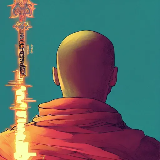 Image similar to portrait of the back of a monk with a mace, standing in front of a solid color background, Borderlands and by Feng Zhu and Loish and Laurie Greasley, Victo Ngai, Andreas Rocha, John Harris