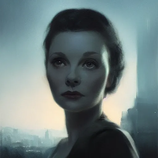 Image similar to closeup portrait of a young vivian leigh, depressed, chiaroscuro, city background, night, moon, dramatic lighting, complementary contrast, high detail, painted by greg rutkowski, painted by igor kieryluk, trending on artstation