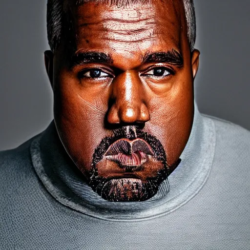 Prompt: the face of old kanye west wearing yeezy clothing at 5 8 years old, portrait by julia cameron, chiaroscuro lighting, shallow depth of field, 8 0 mm, f 1. 8