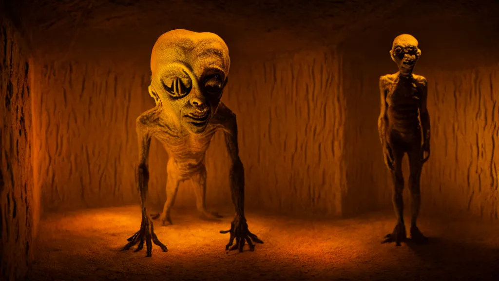 Image similar to the creature in the basement, made of glowing wax and ceramic, surrounded by friendly faces, film still from the movie directed by denis villeneuve and david cronenberg with art direction by salvador dali and zdzisław beksinski, wide lens