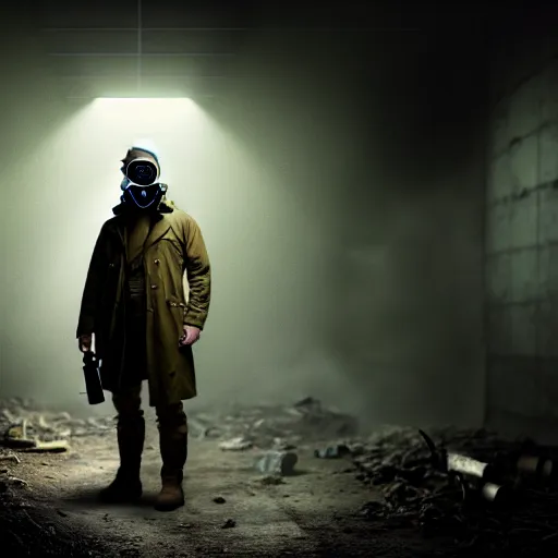 Prompt: photorealistic detailed image of a man in a rugged, worn trench coat wearing a gas mask, in a ruined and dark underground lab, readying himself for combat with a green/brown/gray undertone, inspired by the Stalker video game series