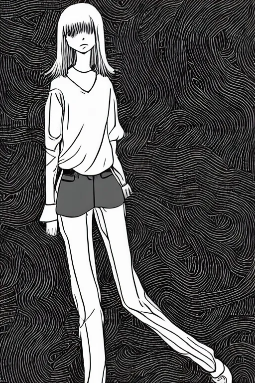 Image similar to portrait of a girl in long pants and a top, hands in pockets, eyes closed, bob haircut, digital art, black and white, lineart by junji ito and kaoru mori