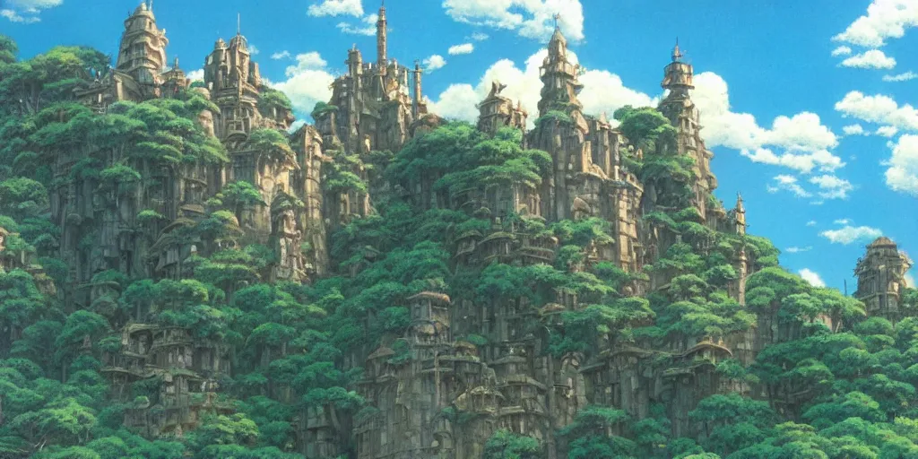 Prompt: castle in the sky, azure sky, studio ghibli, james gurney, fantasy art