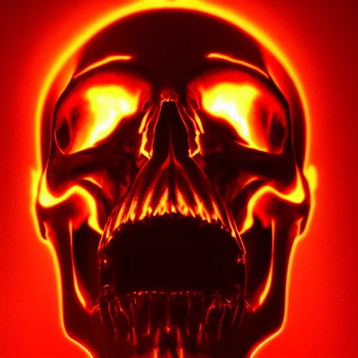 Image similar to a highly detailed human skull on fire in front of a glowing red background, 3 d, fire through eyes, octane render, symmetrical, hyper realism, highly detailed, digital art, artstation, concept art, cinematic lighting, strong bokeh, trending