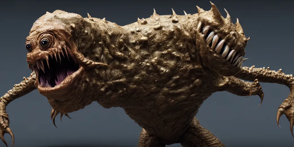 Image similar to the unique monster strange animal creature by neville page, ken barthelmey, carlos huante and doug chiang, sharp focus, trending on artstation, hyper realism, octane render, 8 k, hyper detailed, ultra detailed, highly detailed, zbrush, concept art, creature design, a still shot from movie