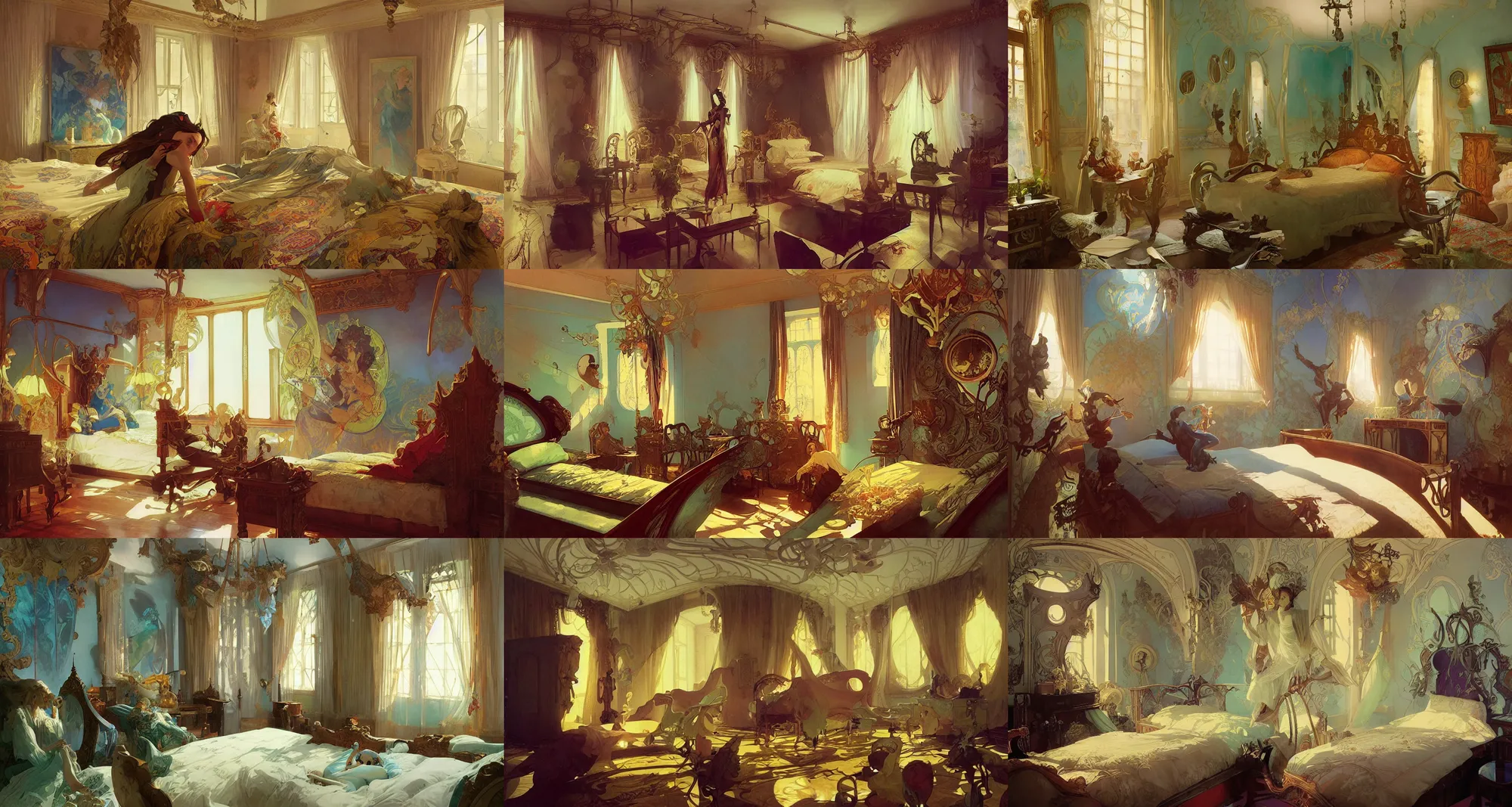 Prompt: bedroom, art nouveau, fantasy, art by joseph leyendecker, peter mohrbacher, ivan aivazovsky, ruan jia, reza afshar, marc simonetti, alphonse mucha