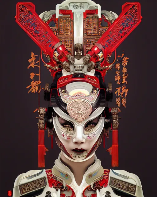 Image similar to portrait of a chinese cyberpunk machine, machine face, robed, upper half portrait, decorated with chinese opera motifs regal royal fierce machine robot cyberpunk fine china, wuxia, traditional chinese art intricate intense elegant highly detailed digital painting artstation concept art smooth sharp focus illustration, art by artgerm and greg rutkowski alphonse mucha 8 k