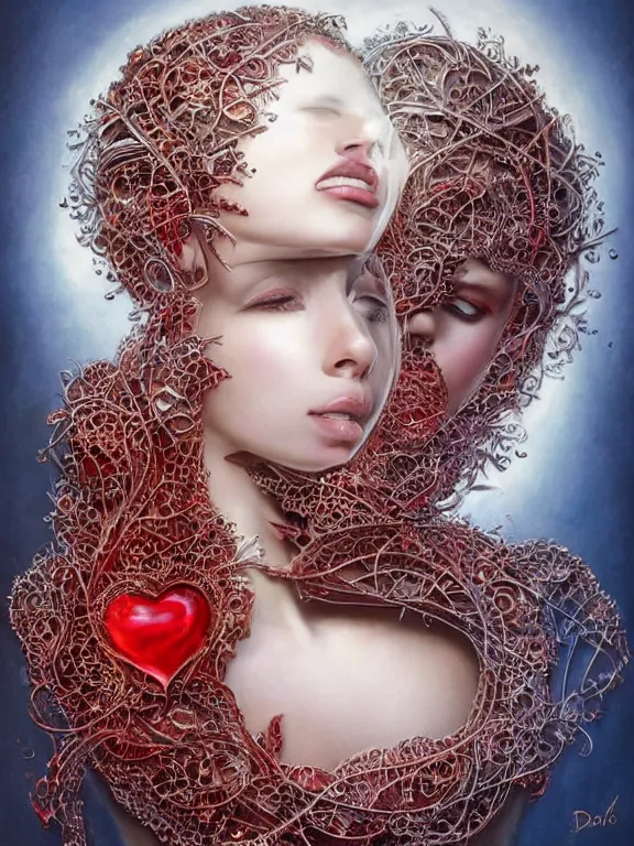 Image similar to a beautiful portrait render of two red veiled queen with symmetry intricate detailed ,heart,love,crystal-embellished,by Daveed Benito,LEdmund Leighton,peter gric,aaron horkey,Billelis,trending on pinterest,rococo,hyperreal,gold,silver,ivory,maximalist,glittering,golden ratio,cinematic lighting