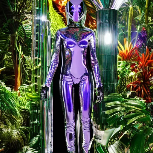 Prompt: conde nast traveler photo, inside a futuristic detailed alien jungle made out of shiny reflective chrome, futuristic android with limbs made out of stretchy rubber tubing mixed with shiny colorful giant intricate detailed chrome gauntlets and chest piece and discoball mask, wearing a long purple velvet cape, fog and mist