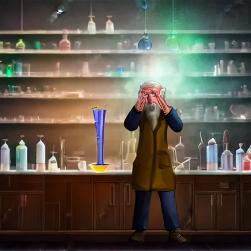 Image similar to an old wizard who is mixing bottles of colored liquids in laboratory, photorealistic, cinematic lighting, highly detailed