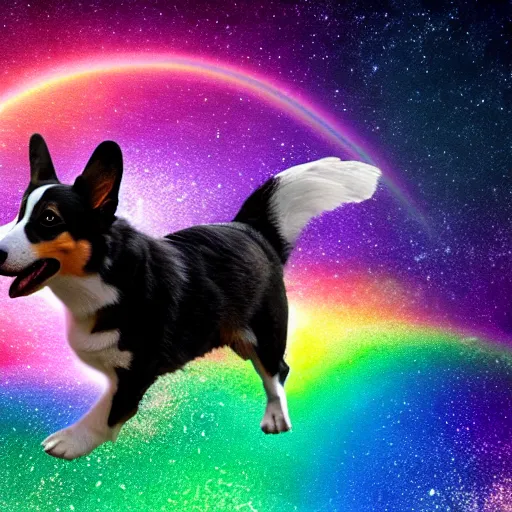 Prompt: a black and white corgi jumping over a sunset moon with a rainbow galaxy background detailed render 8 k