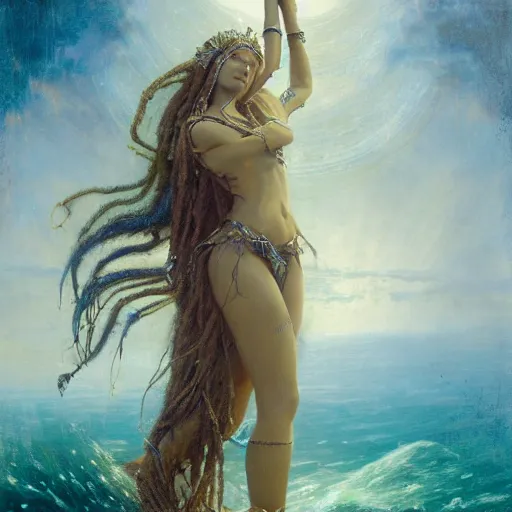 Image similar to birth of mami wata, sumerian goddess inanna ishtar, ashteroth, techno mystic goddess princess intergalactica, with aqua neon rapunzel dreadlocks, mami wata, detailed, by gaston bussiere, bayard wu, greg rutkowski, giger, maxim verehin, greg rutkowski, masterpiece, sharp focus,