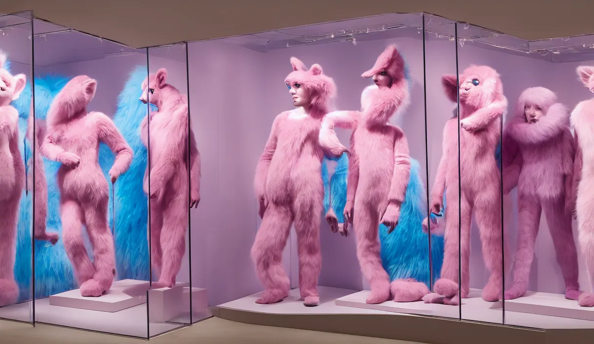 Image similar to diorama windowstore vitrine at the american museum of natural history, new york, of very realistic dissected in furry pink and blue and iridiscent teletubbies as furry animals, photography portrait aesthetic by guy bourdin, museum artifact