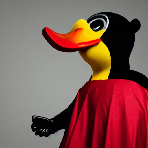 Image similar to An anthropomorphic duck wears a black superhero costume with a black mask and a red cape. Comic book style