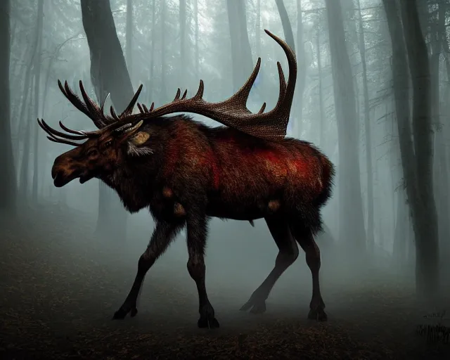 Prompt: 5 5 mm portrait photo of an armored demonic burning moose with red eyes antlers and looking at the camera, in a magical forest. magical atmosphere. art by greg rutkowski and luis royo. highly detailed 8 k. intricate. lifelike. soft light. nikon d 8 5 0.