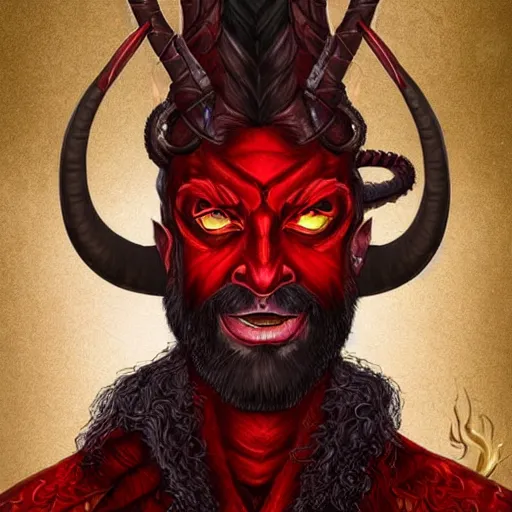 Image similar to dnd style portrait of a tiefling, male, red scales, red skin, a big black beard, completely golden eyes, 2 black ram horns growing out of his forehead,