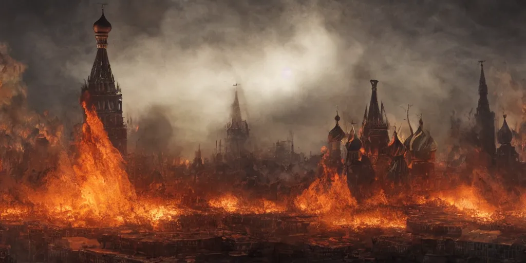 Image similar to A post-apocalyptic scene of fire and explosions on Red Square and the Kremlin, St Basil cathedral is destroyed, sci-fi concept art, nuclear mushroom, lots of fire, panic, dark, clouds, 8k, high detail, advanced rendering whimsically designed art, 4k post-processing highly detailed, Soft illumination