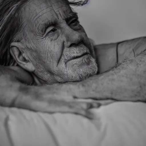 Image similar to black and white fashion photograph, highly detailed portrait of a depressed old man sitting on the edge of a messy bed, natural light, rain, mist, lomo, fashion photography, film grain, soft vignette, sigma 85mm f/1.4 1/10 sec shutter
