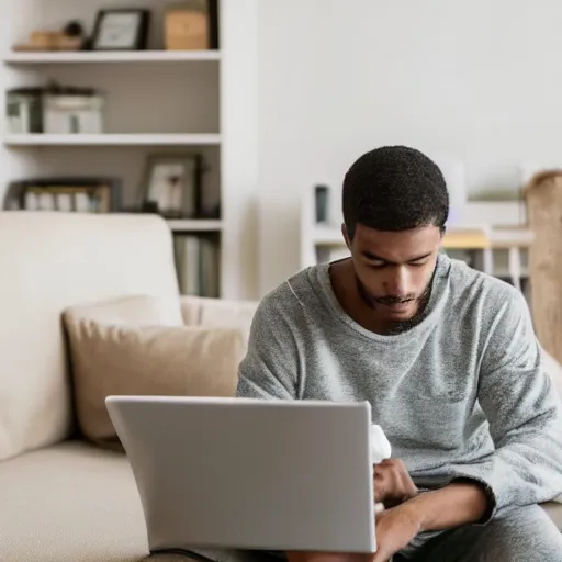 Prompt: Man alone on his computer in the living room of his apartment at night