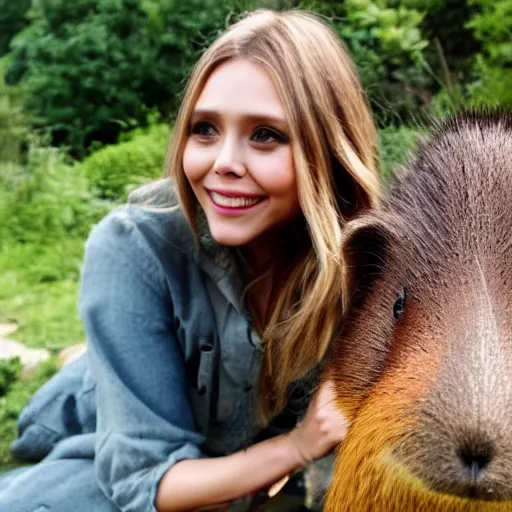 Prompt: elizabeth olsen with a capybara