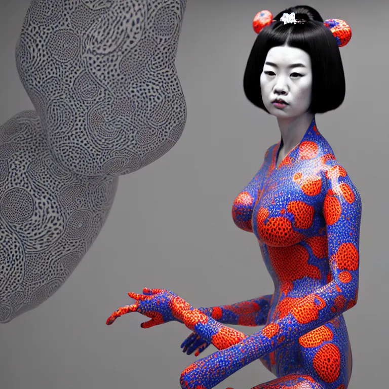 Image similar to hyperrealistic detailed image of a geisha in a art installation room, hd smooth interior by yayoi kusama, part by kei mieno, part by ross tran, dark art by james jean, ultra realistic, highly detailed, life like face, detailed body, 8 k, 3 d render by roger magrini, masterpiece