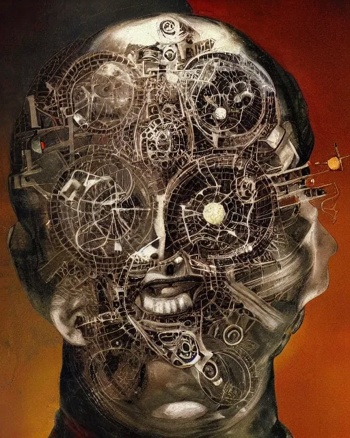 Prompt: intricate machinery in a human head. antique cyborg almacan pierre matter organic mechanical hybrid louis poyet This space painting has the potential to bring forth a new dimension of knowledge and spiritual awakening Artificial intelligence is a social construct and a product of industrialization.