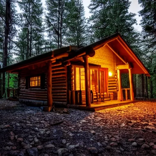 Prompt: cabin in the woods, night, exterior view, photography, 4k, 8k
