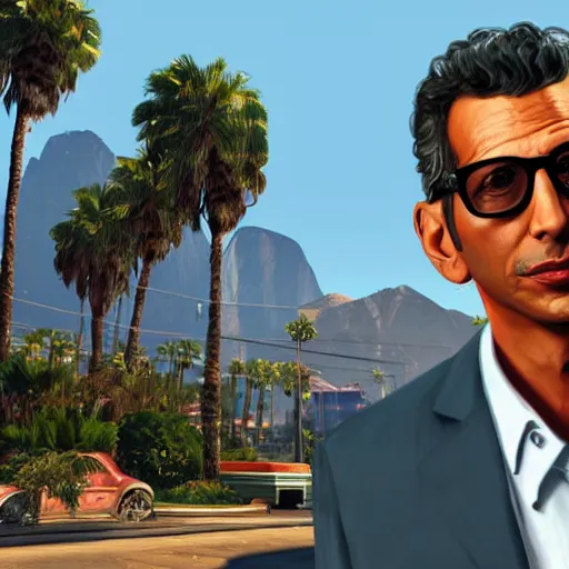 Image similar to Jeff Goldblum in GTA v. Los Santos in the background, palm trees. In the art style of Stephen Bliss