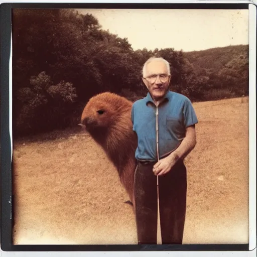 Image similar to old polaroid photo of an old man holding a rifle and standing proudly next to a giant capybara sleeping