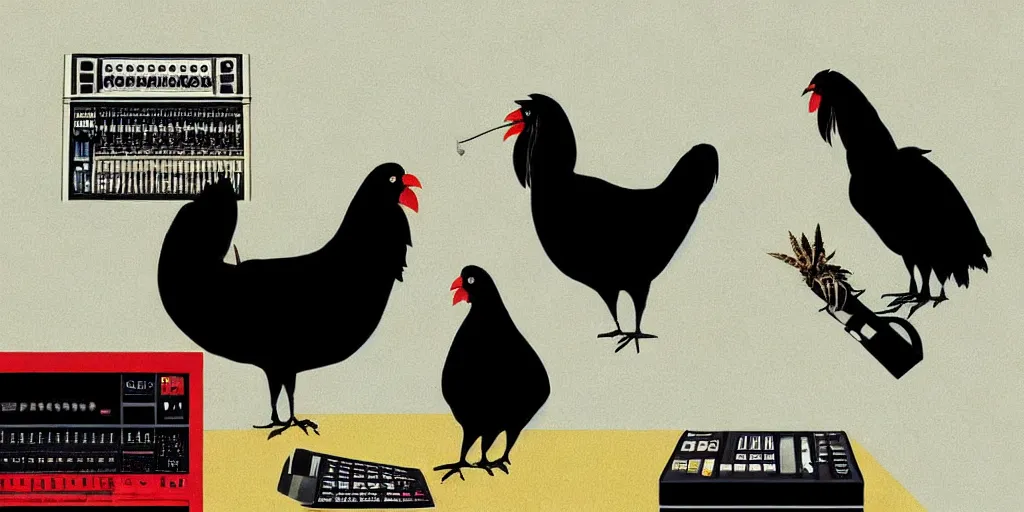 Image similar to 'black chicken'!!! smoking 'cannabis'!!!!!! in front of 'audio console'!!!! and 'multi monitors'!!!! 'in a hi-tech tv broadcasting studio'!!!!, artwork by James Gilleard