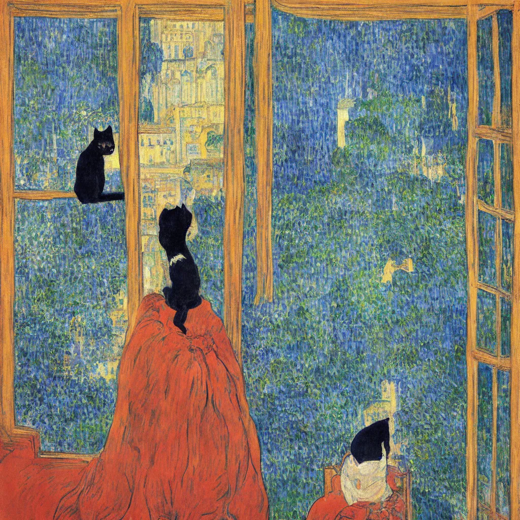 Image similar to woman and cat with city with tall trees and gothic cathedral seen from a window frame with curtains. dark indigo blue, turquoise, gold, earth brown. night with star. bonnard, henri de toulouse - lautrec, utamaro, matisse, monet