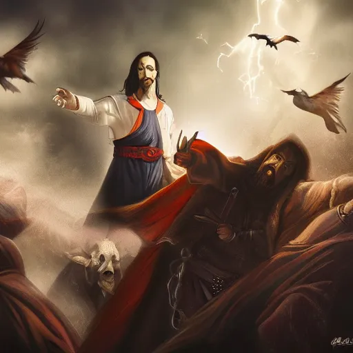 Image similar to dracula fighting jesus, digital art, highly detailed, epic composition, cinematic lightning