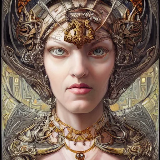 Prompt: masterpiece baroque neoclassicist closeup renaissance portrait of an art deco witch, glowing eyes. reflective detailed textures, highly detailed fantasy science fiction painting by peter mohrbacher and annie swynnerton, and jean delville and nicholas roerich, elaborate geometric ornament, ancient runes, silver and cool colors. artstation