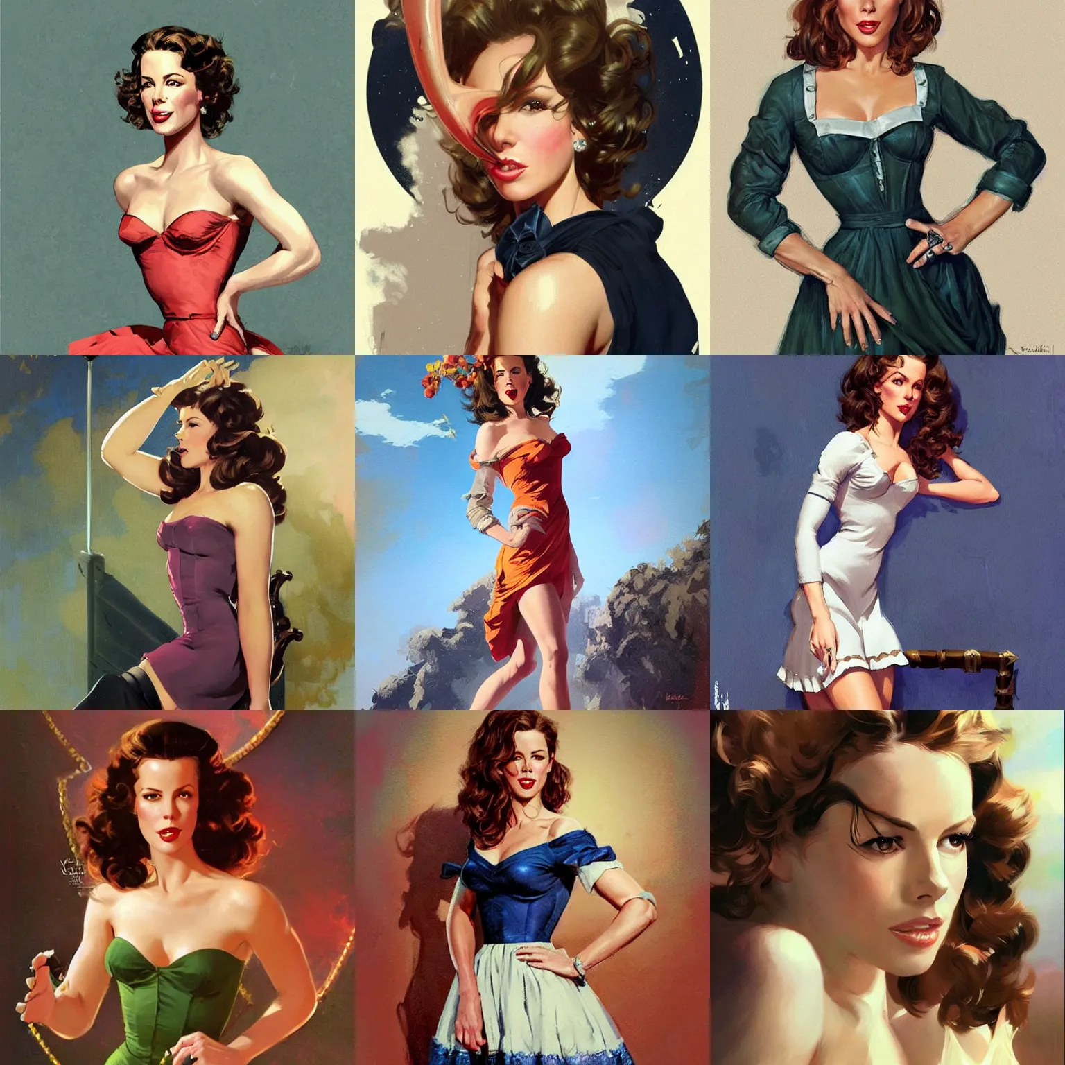 Prompt: Kate Beckinsale wearing a short dress, beautiful. highly detailed face and hair. art by Gil Elvgren and Fernanda Suarez and Greg Manchess and Sachin Teng