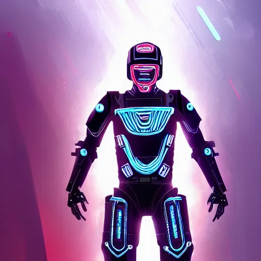 Image similar to Cowboy wearing an armor from the movie Tron Legacy, full body, synthwave background, digital painting, detailed, artstation, high quality, hyperrealism