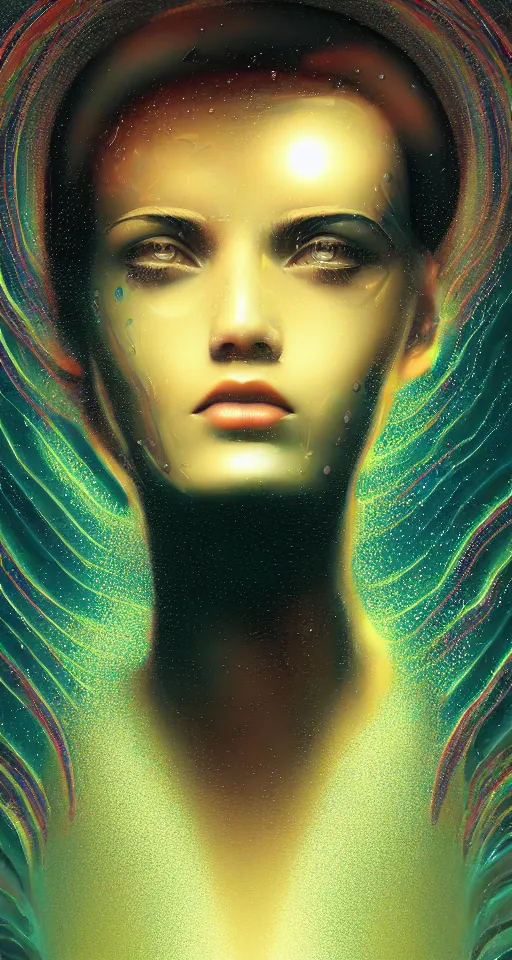 Prompt: art deco close up portait of head surrounded by spheres, rain like a dream digital painting curvalinear clothing cinematic dramatic fluid lines otherworldly vaporwave interesting details epic composition by artgerm